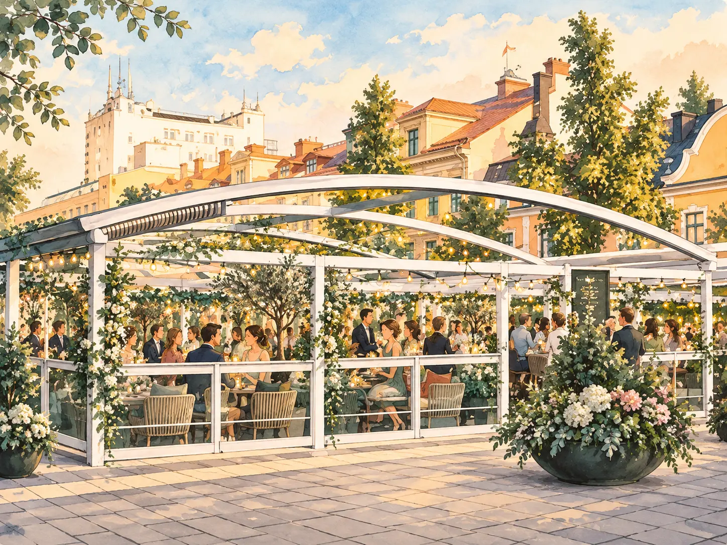 Illustration av en uteservering i centrala Örebro