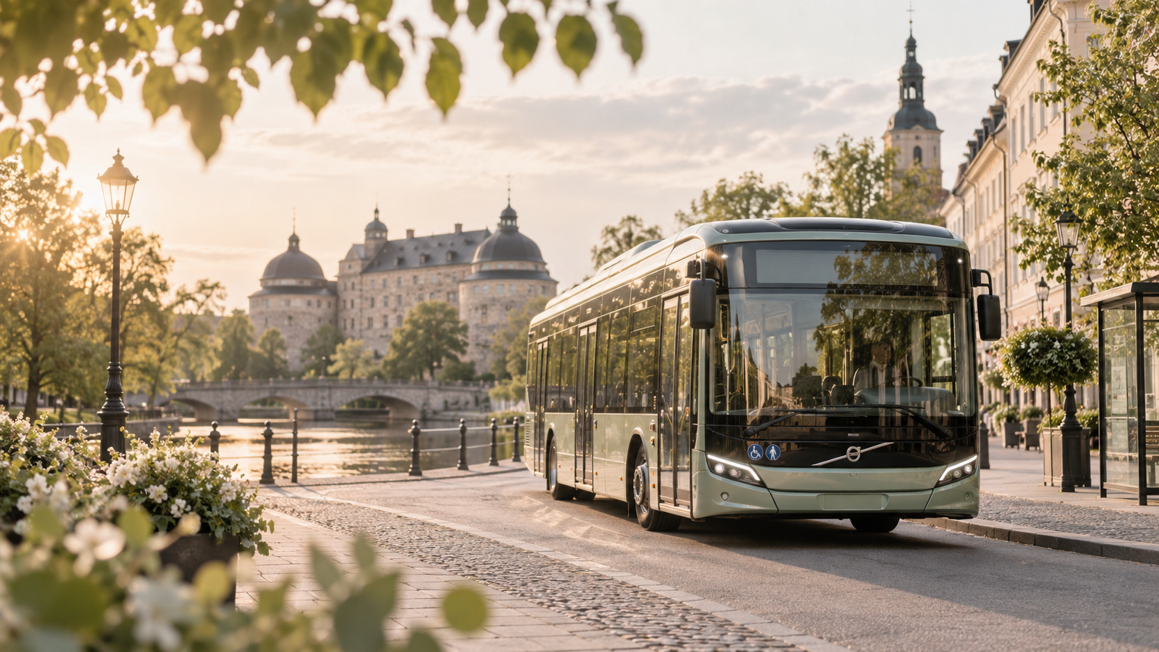 Buss vid slott i Örebro vid solnedgång