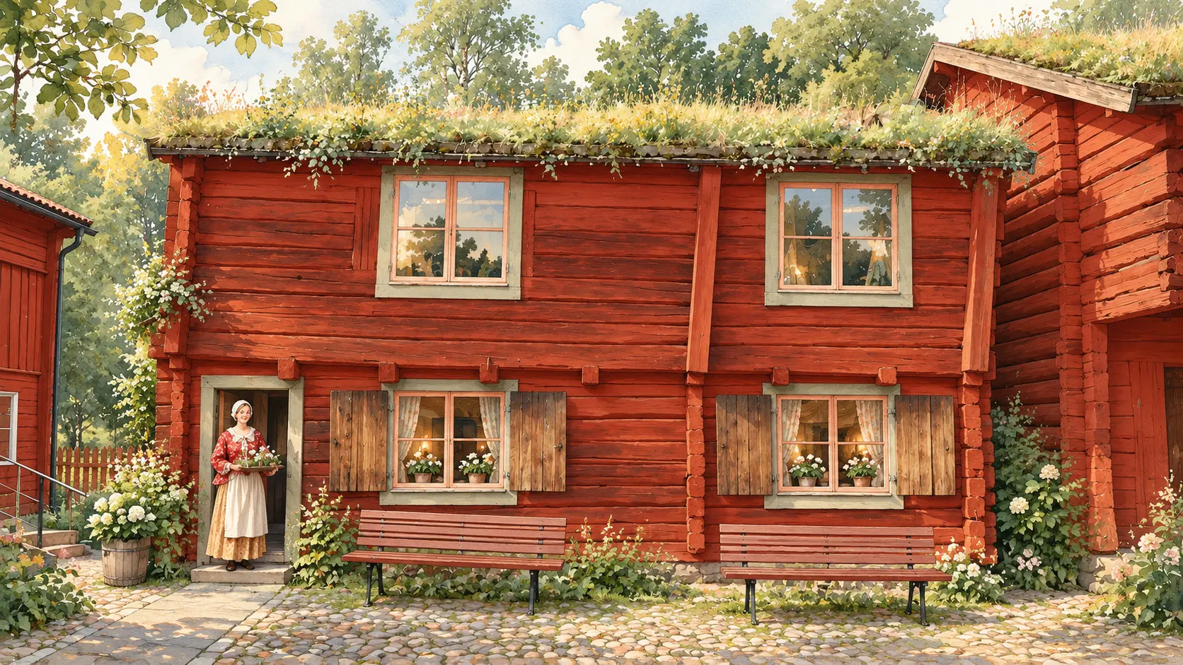 Illustration av de röda trähusen i Wadköping
