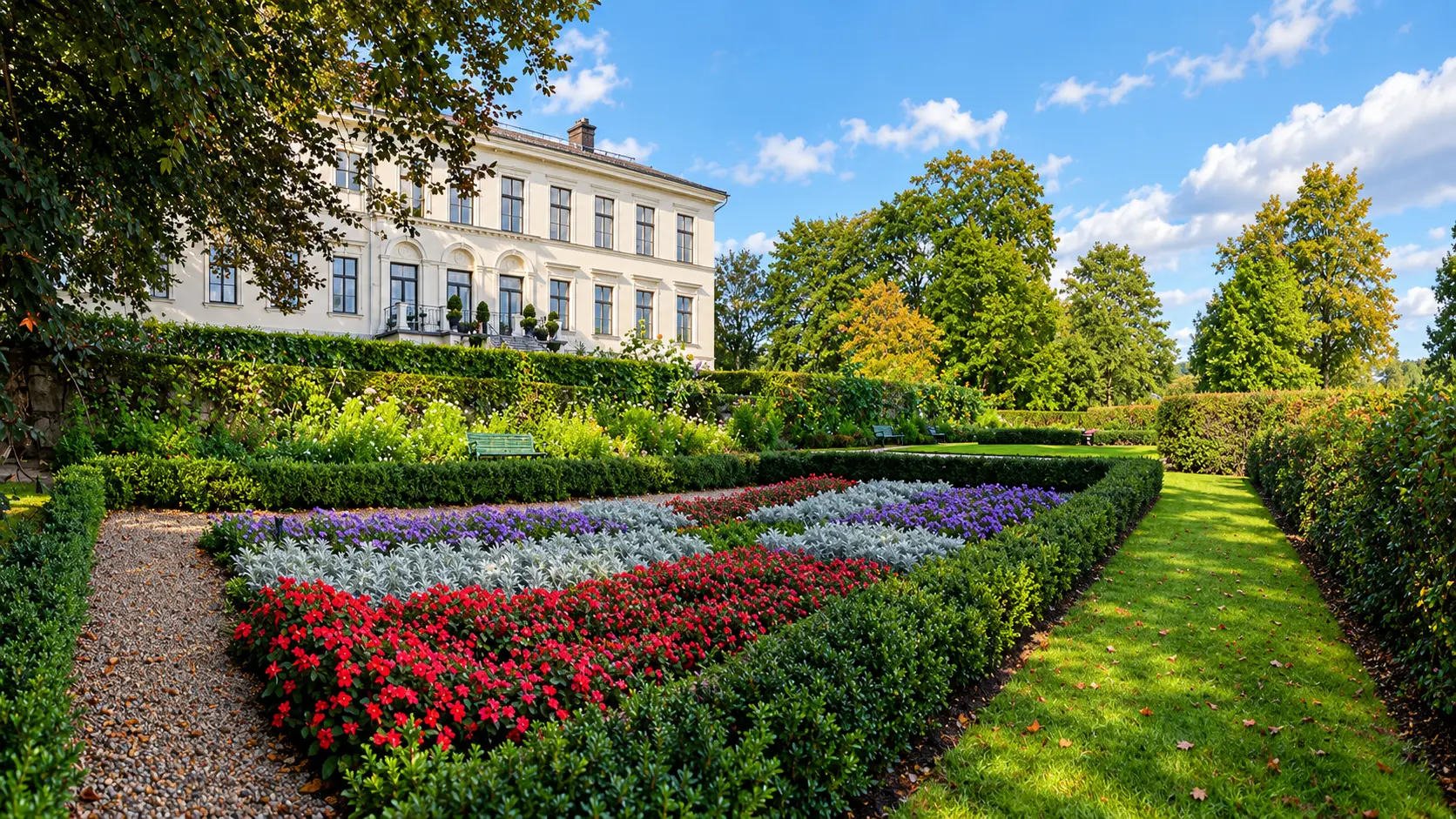 Illustration av Karlslunds Herrgård och trädgården